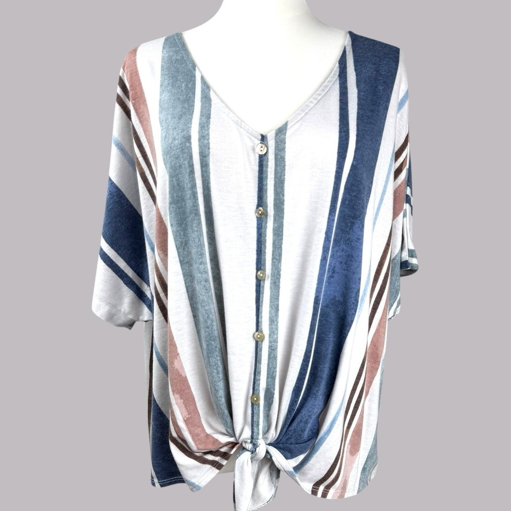 Striped‎ Button Front Tie Top Womens Size 3X Multicolor Slouchy Boho Coastal